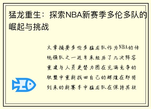 猛龙重生：探索NBA新赛季多伦多队的崛起与挑战