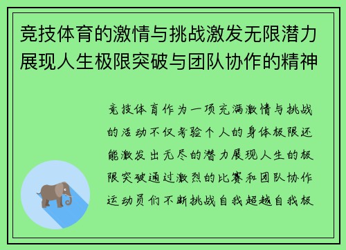竞技体育的激情与挑战激发无限潜力展现人生极限突破与团队协作的精神力量