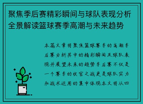 聚焦季后赛精彩瞬间与球队表现分析全景解读篮球赛季高潮与未来趋势