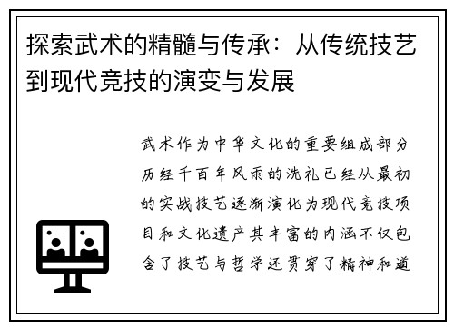 探索武术的精髓与传承：从传统技艺到现代竞技的演变与发展