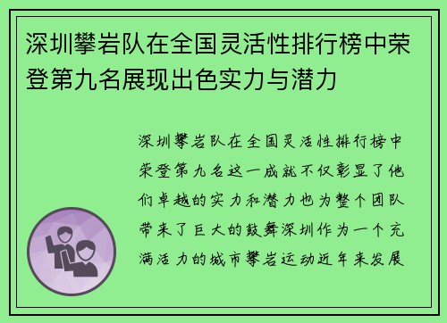 深圳攀岩队在全国灵活性排行榜中荣登第九名展现出色实力与潜力